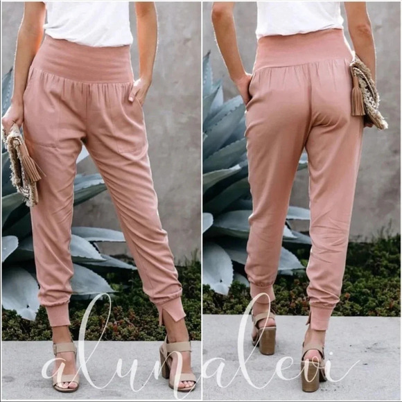 NEW Chic Pink High-Waisted Joggers | Dressy Comfy Lounge Pants - Picture 2 of 3